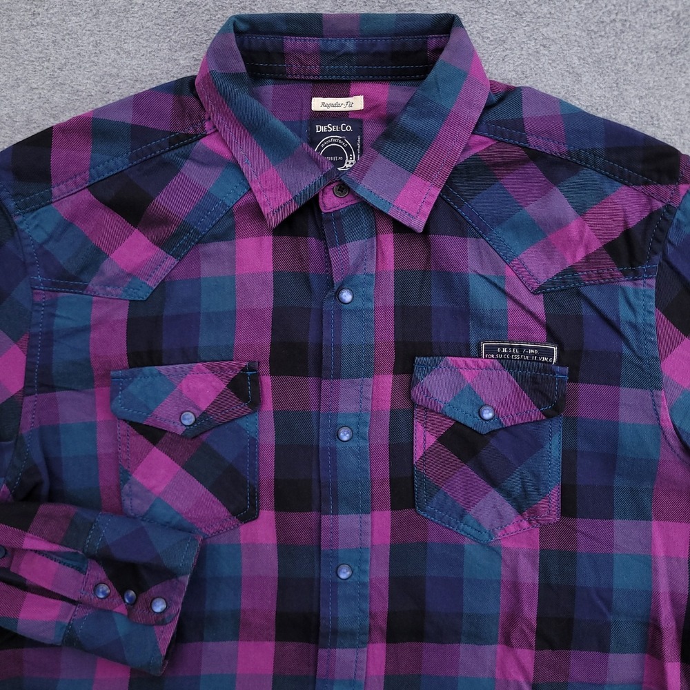 Diesel Pearl Snap Shirt Mens Medium Purple Plaid Western Yoke Dual Pocket